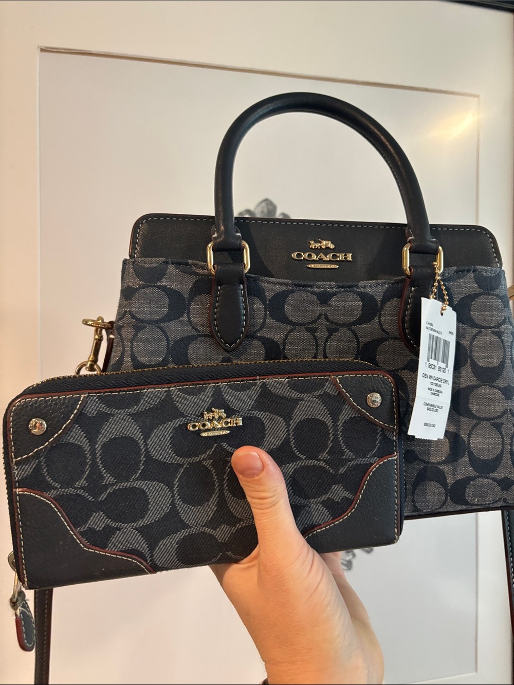 Coach Signature Denim Satchel with Black Leather Trim and Gold Hardware